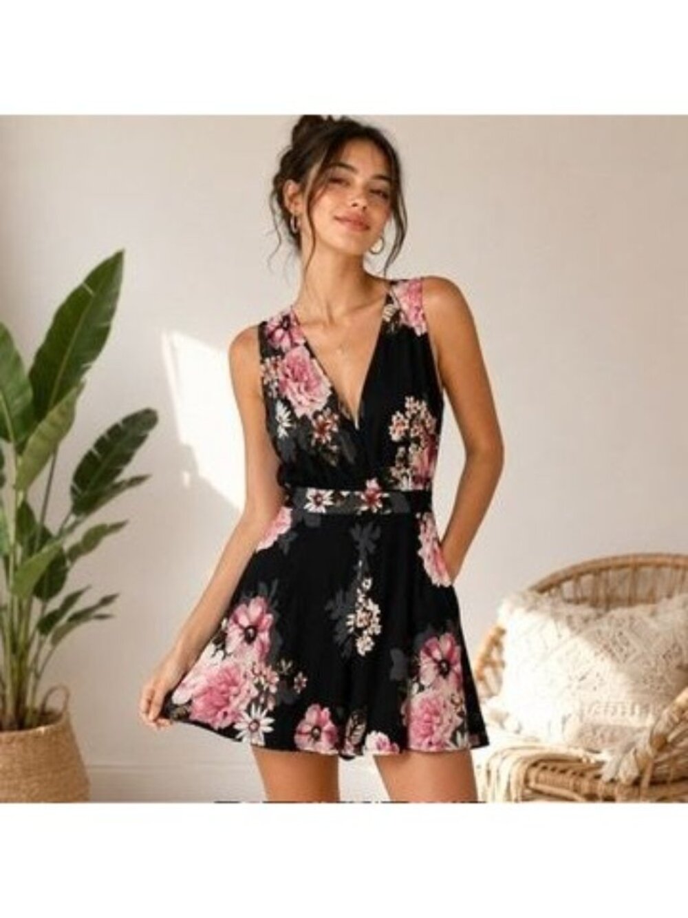 Y2K Dark Floral Romper Dress XL Sheer Mesh Back Gothic Romantic Coquette
